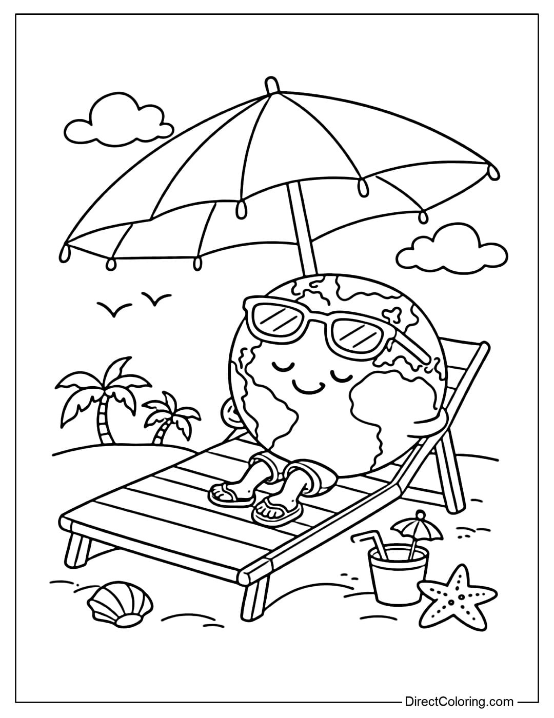 A coloring page of a cartoon Earth relaxing on a beach chair under a sun umbrella.