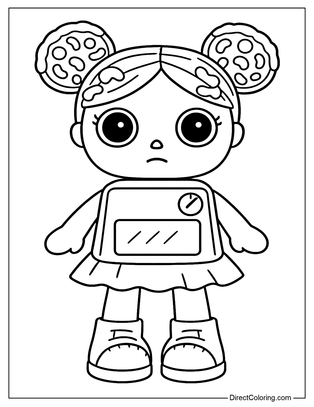 Nia doll coloring page has big, round, motionless eyes. Her hair is two mini pizzas tied on both sides like cat ears. Her body is like a mini oven with a glowing dial.