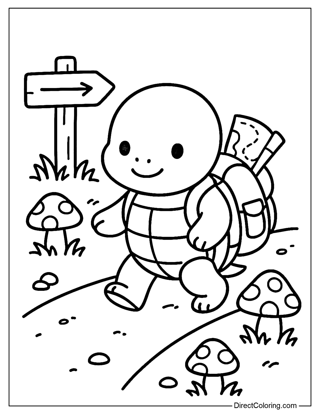 Coloring page of a turtle wearing an adventure backpack, walking down a small dirt road, with mushrooms on both sides, a small map sticking out of the bag, and a wooden arrow-shaped signpost.