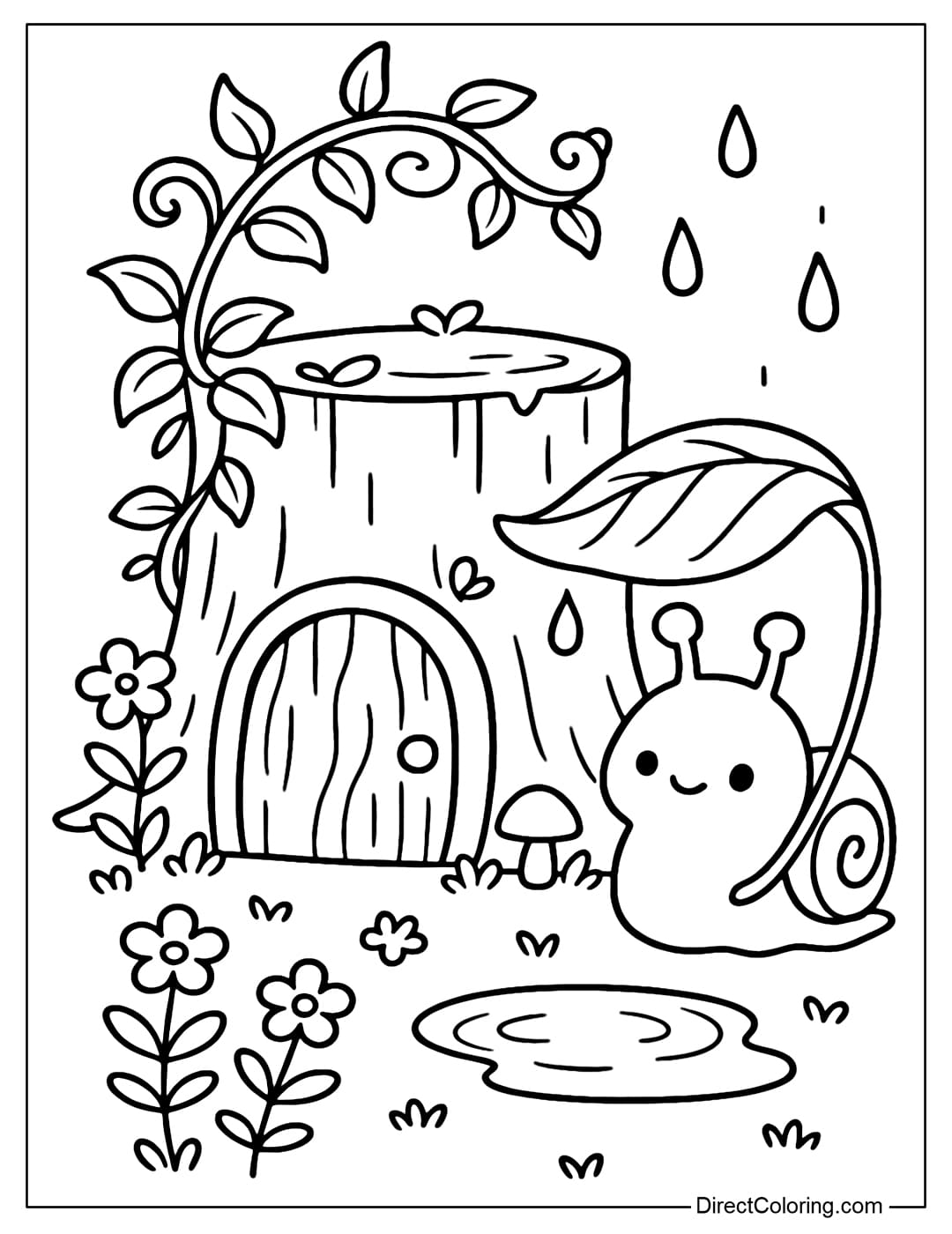 Rainy Snail Stump Coloring Page A cute tree stump coloring page with a small round door. Next to it, a snail is holding a large leaf like an umbrella, shielding from the rain.