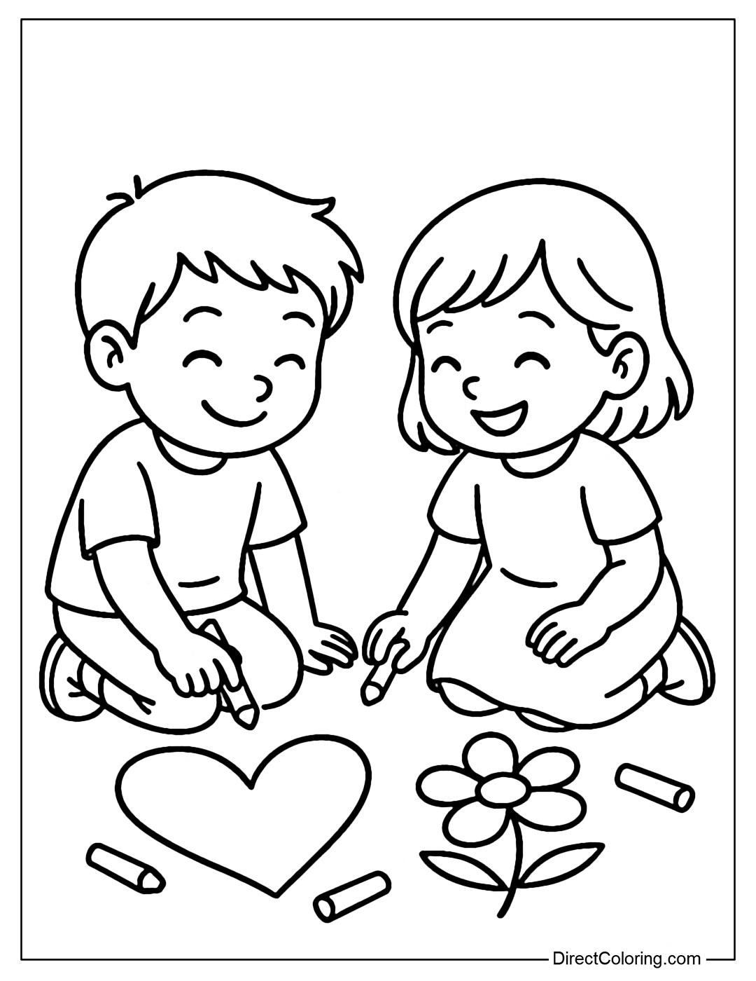Coloring page of two friends drawing hearts and flowers with chalk on the road background.