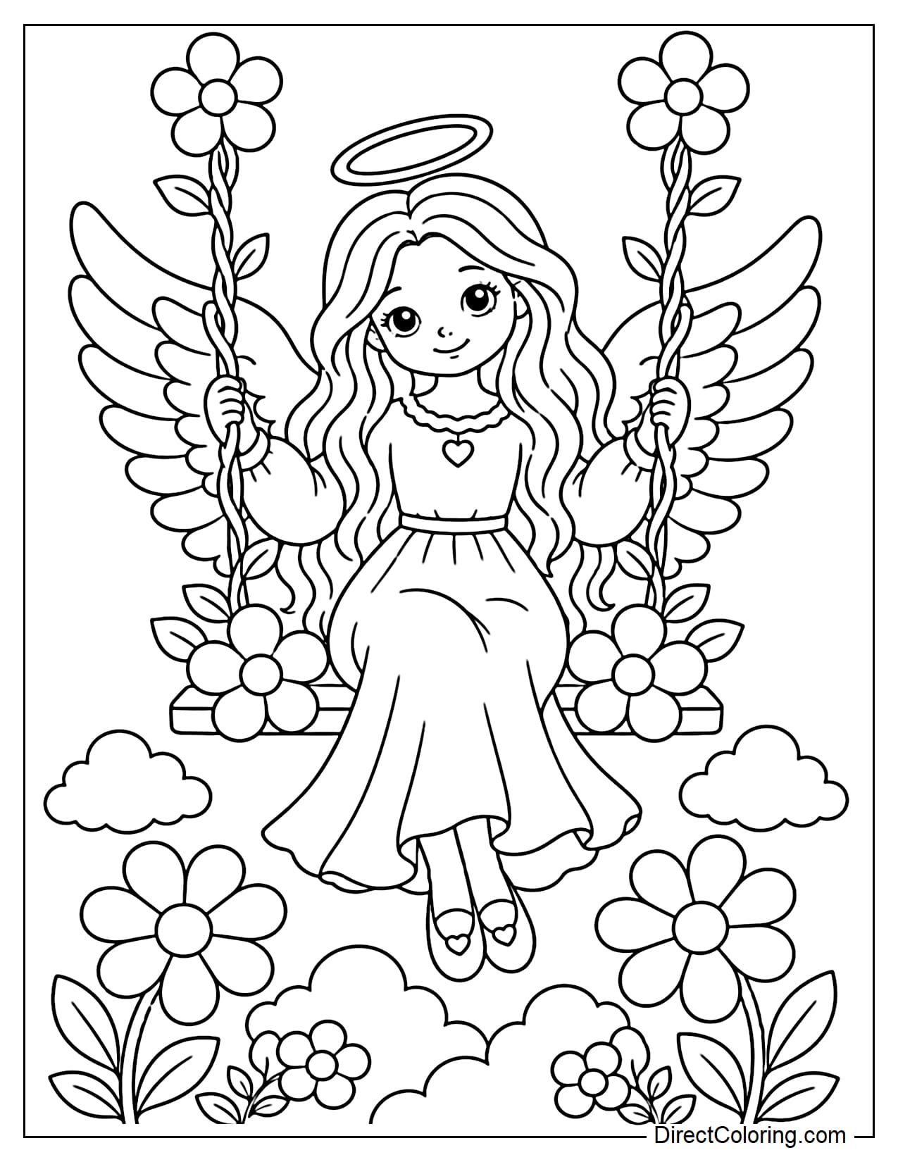 An angel sits on a swing made of vines and large flowers, holding the swing's ropes with both hands; long hair cascades down both sides, and beneath the swing are a few clouds, flowers, and leaves.