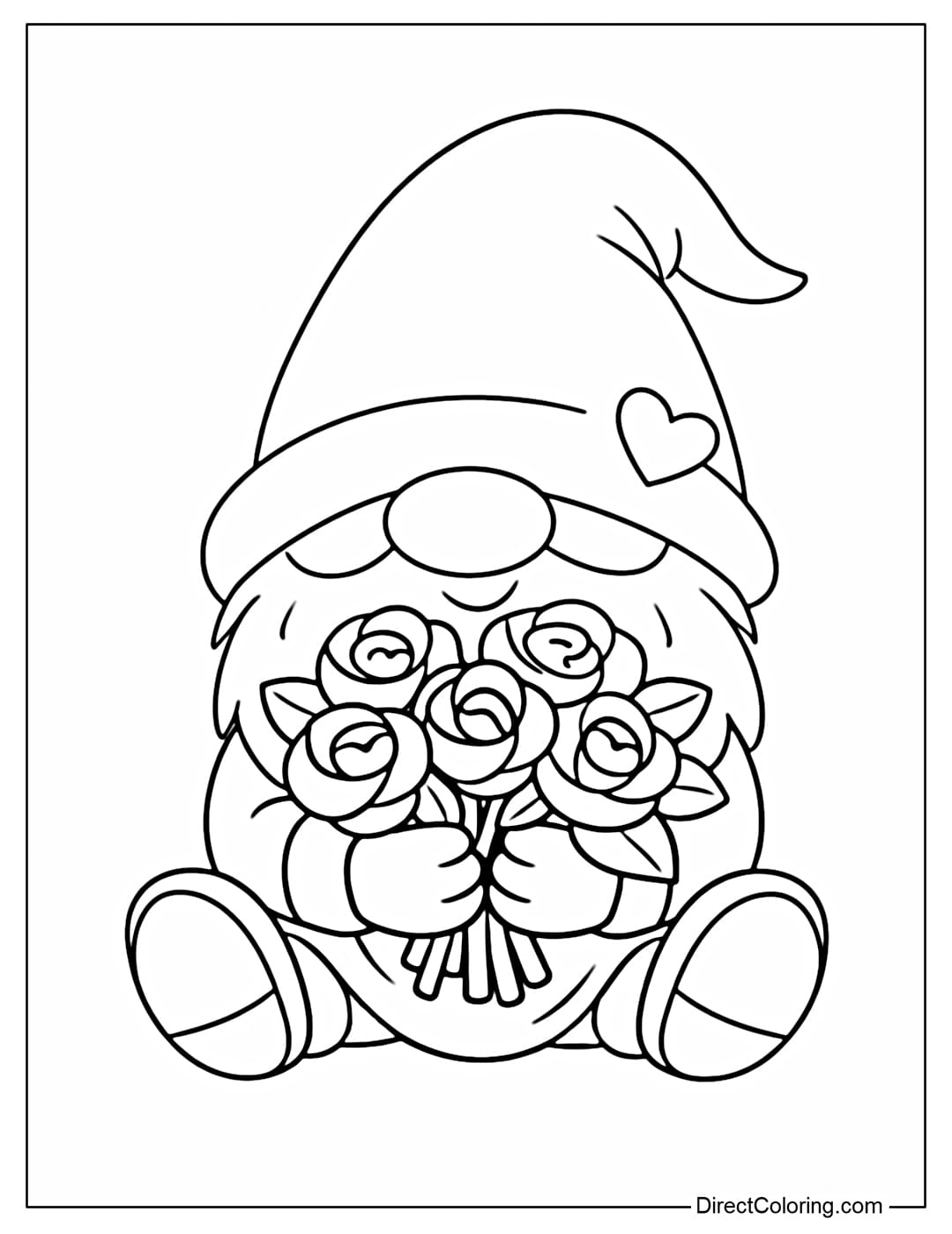 A coloring page featuring a gnome sitting and holding a bouquet of Valentine's Day roses.