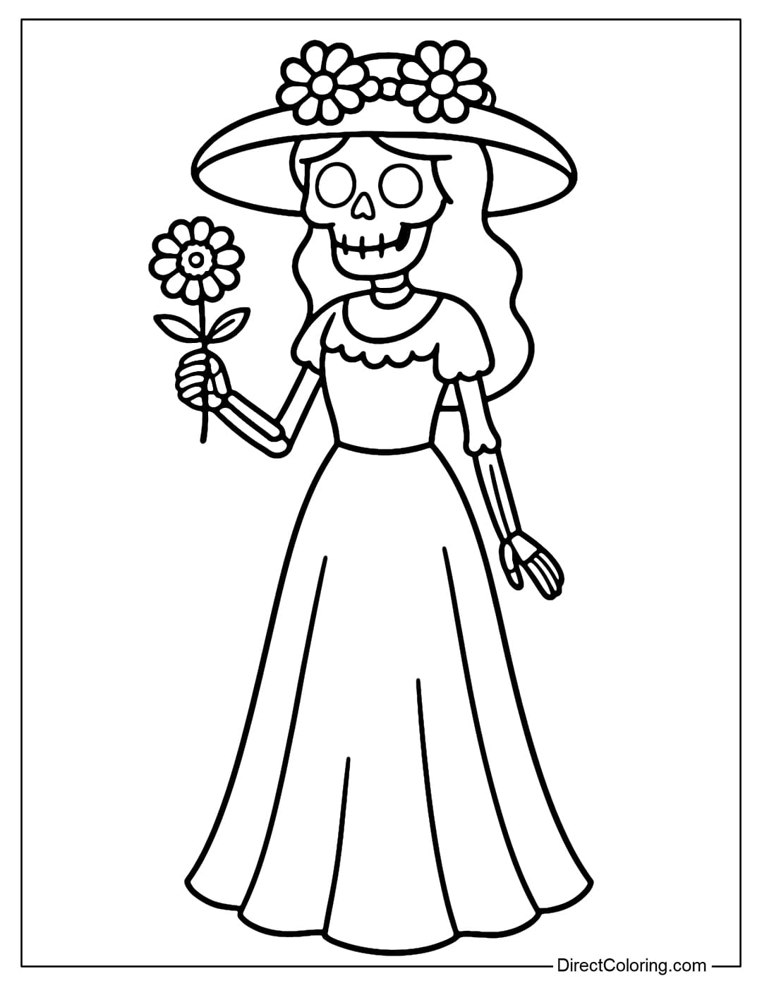 Coloring page of La Catrina smiling, wearing a simple flower hat, wearing a long, light dress, holding a daisy.