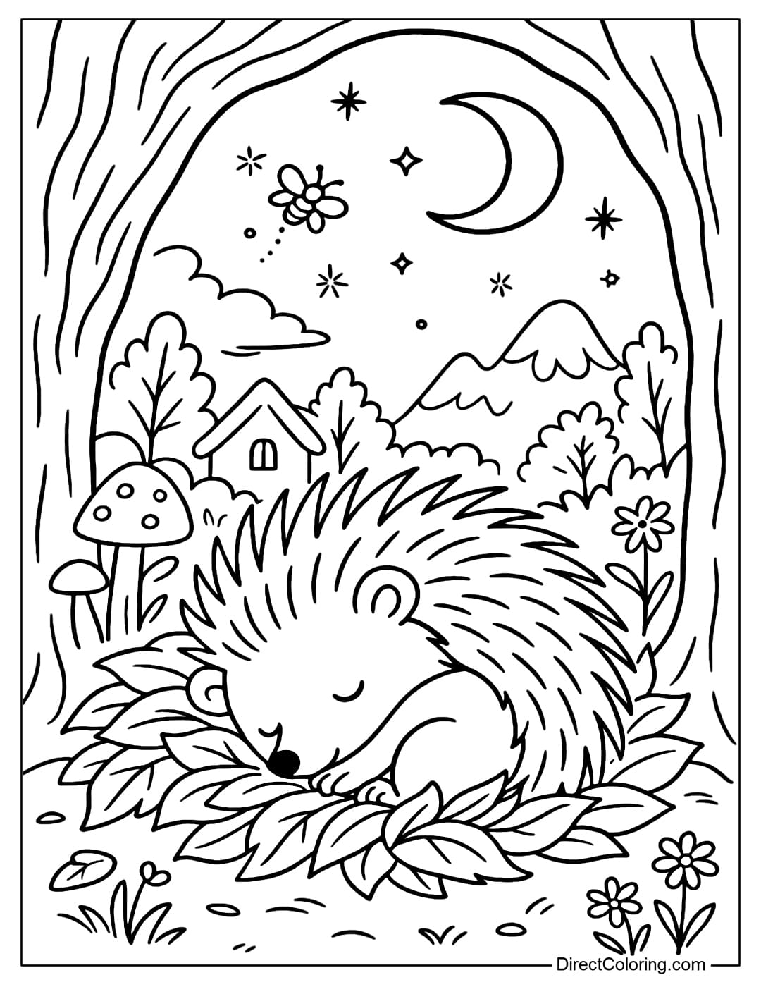Hedgehog Sleeping Coloring Page Coloring page of a hedgehog curled up and sleeping soundly in a nest of dry leaves.
