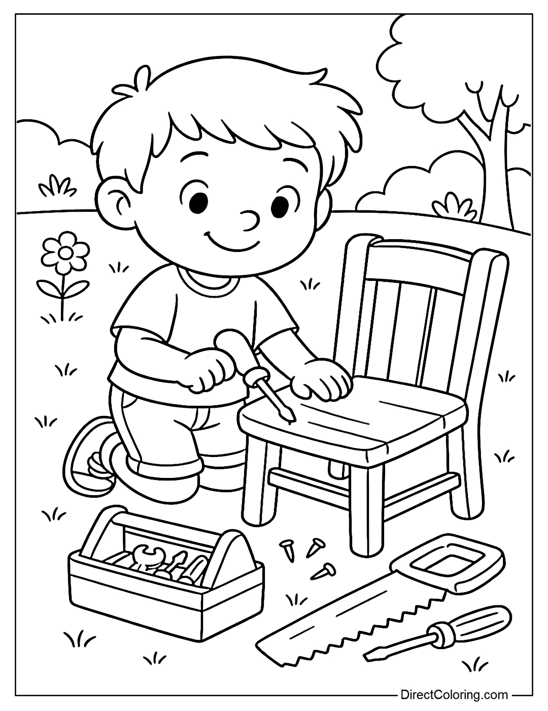 Coloring page of a child fixing a wooden chair with a complete set of tools, with nails and a saw nearby.