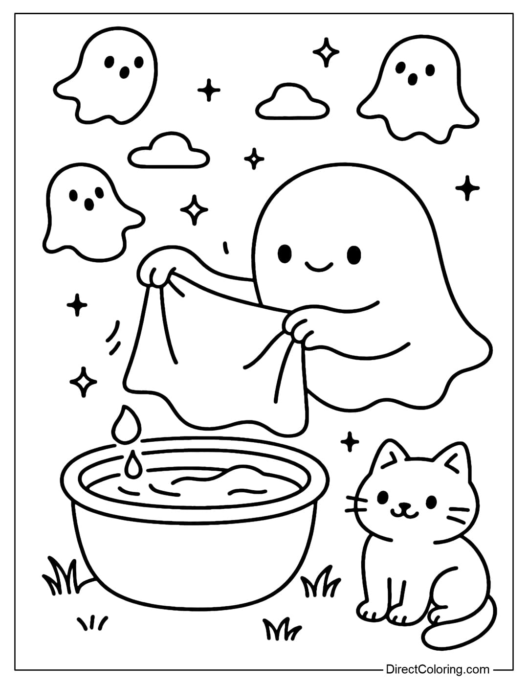 Ghost laundry day coloring page, the cloths float like little souls, the black cat sits and watches happily.