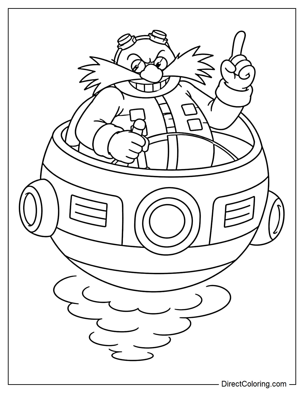 Dr. Eggman is sitting in Eggmobile with a mischievous expression, with smoke rising from beneath the spaceship.