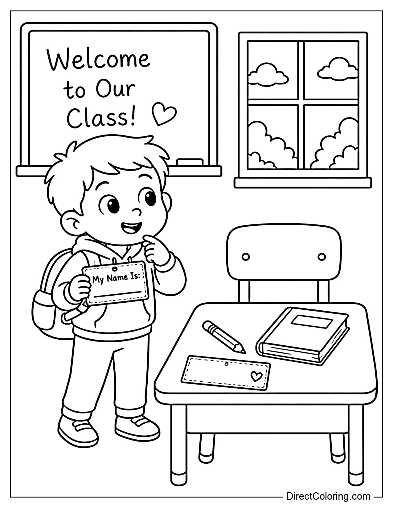 A little student holding a name tag is looking for their new seat in the classroom. On the desk are a pencil, a book, and a handwritten name tag. Behind them are the classroom board and a window.