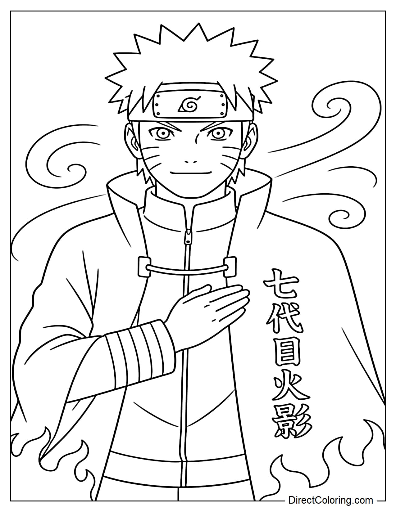 Naruto Uzumaki in his half-human form wearing a Hokage cloak, standing upright with a confident and mature expression, one hand lightly placed on his chest.