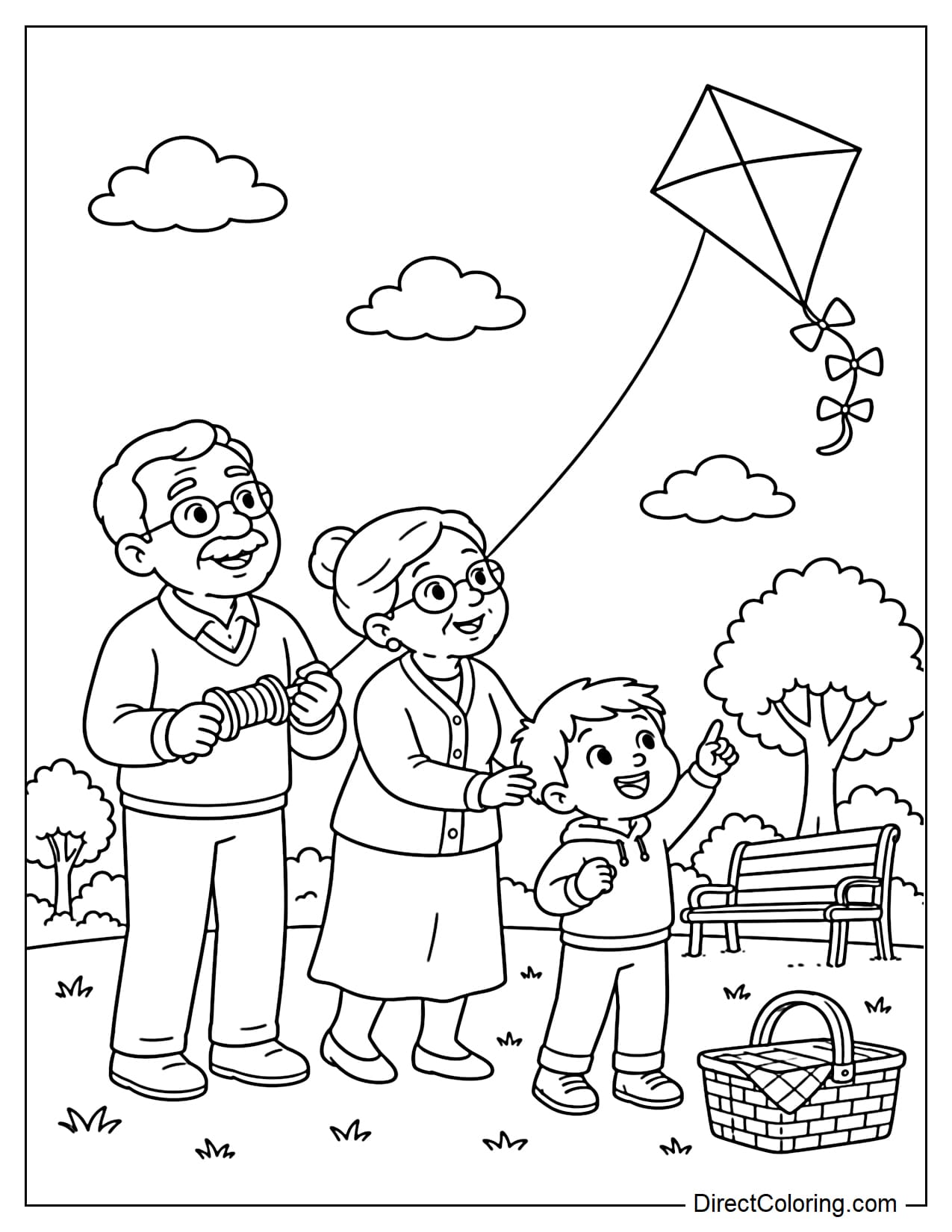 Grandparents and grandchild are flying a large kite in the park; the grandfather holds the string, the grandmother guides, and the grandchild happily watches the kite fly high. There are benches, trees, picnic baskets, and a few clouds around them.