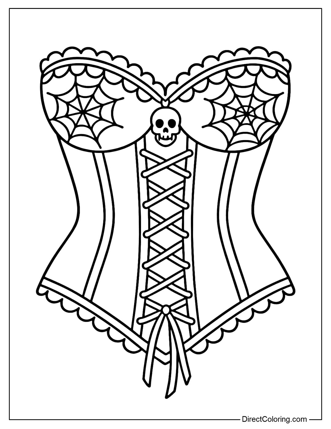 Coloring page for a corset with cross-tie, lace border, spider web pattern and skull charm in the middle.