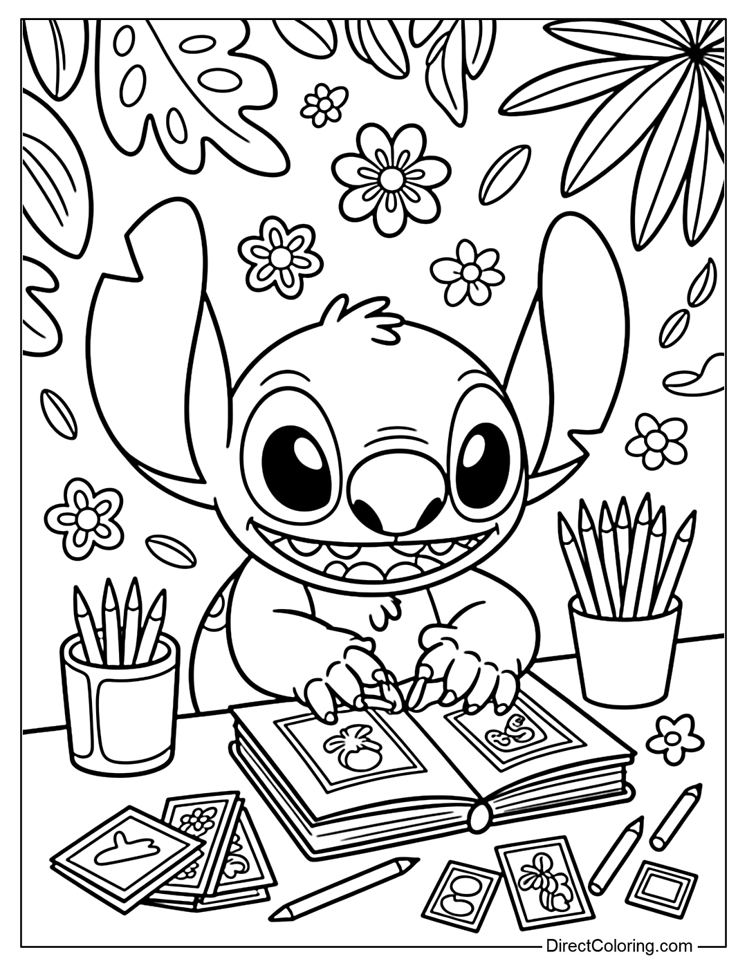 Stitch coloring page is pasting pictures, writing in scrapbooking notebook, surrounded by small pictures, stickers and colored pencils.