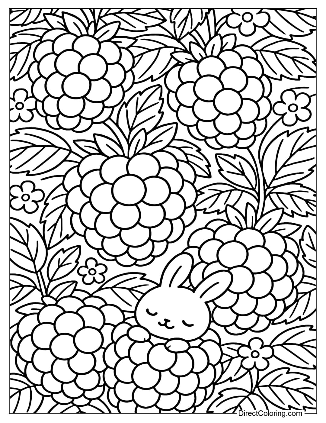 A giant raspberry garden coloring page, a tiny rabbit nestles neatly in a bunch of fruit.