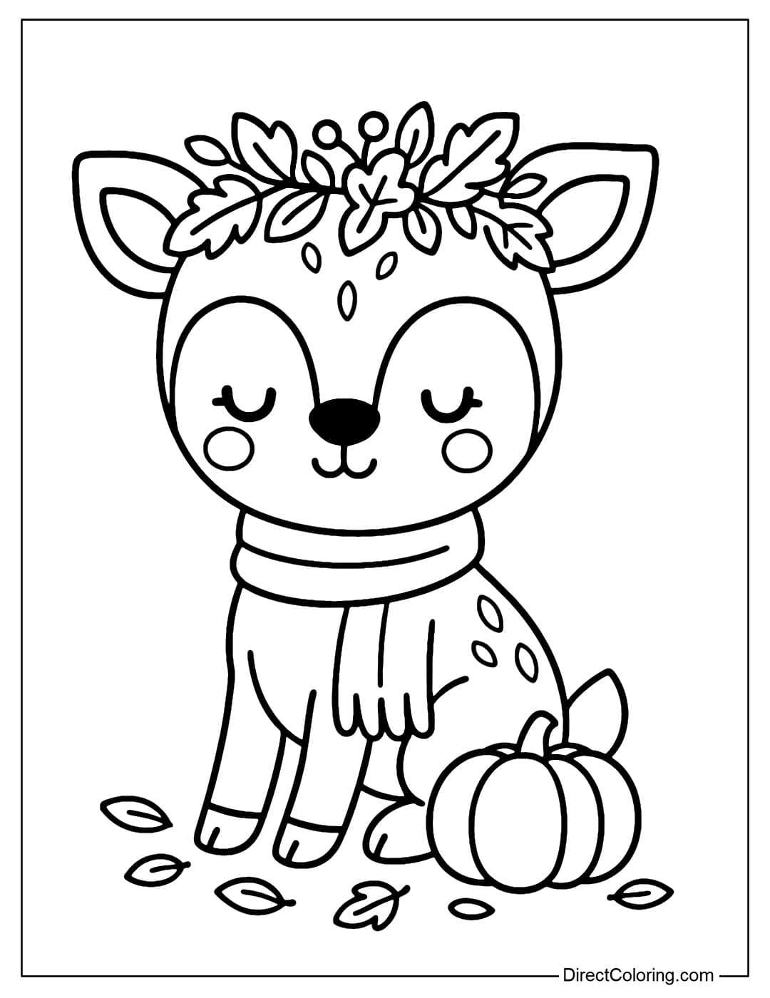 Deer with Crown Coloring Page Coloring page of a baby deer wearing a wreath of autumn leaves, next to it are acorns and small pumpkins.