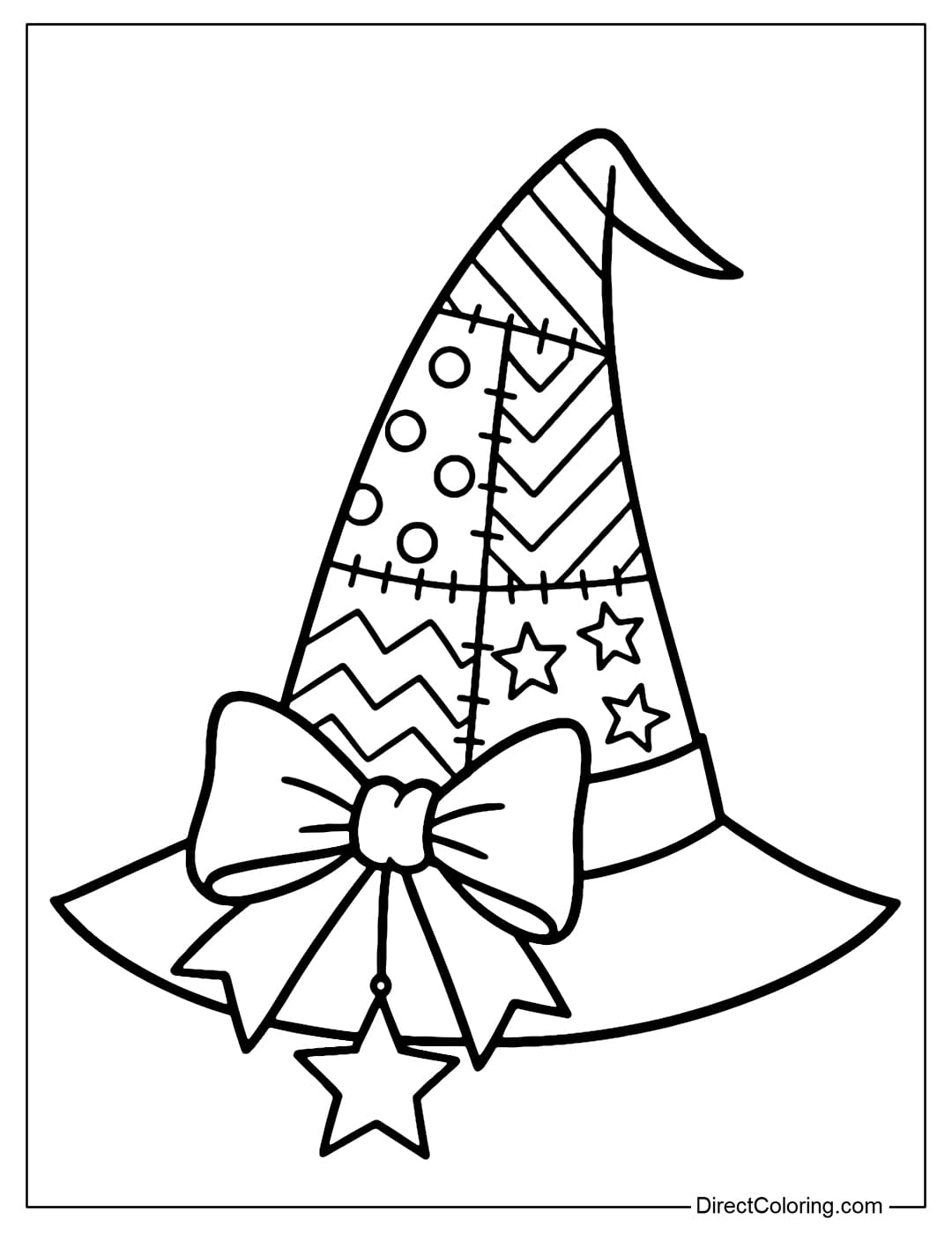 A witch hat coloring page with a high peak, the body of the hat is divided into patchwork patterned boxes, with a large bow and hanging stars.