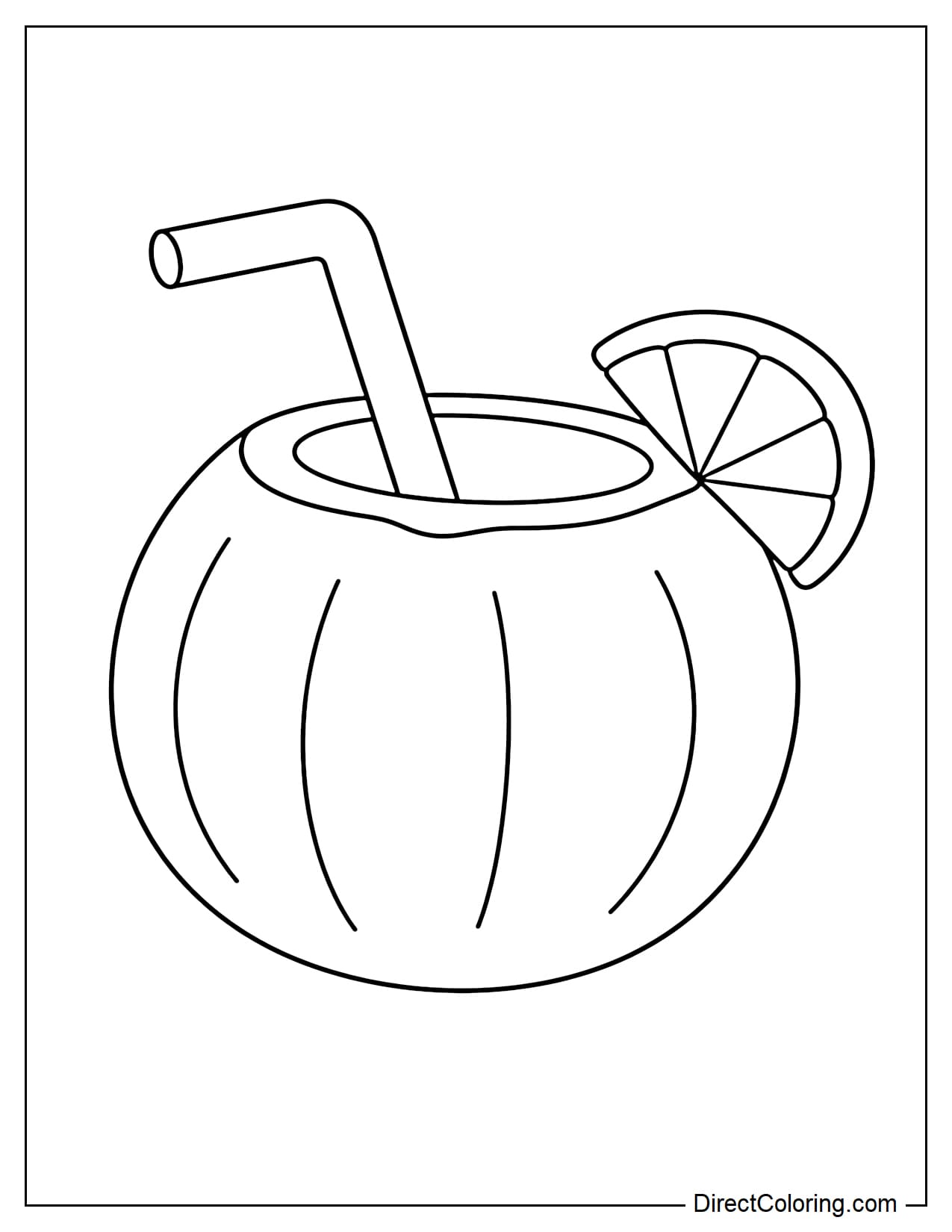 A coconut cut open at the top with a large straw and a slice of fruit attached to the rim.