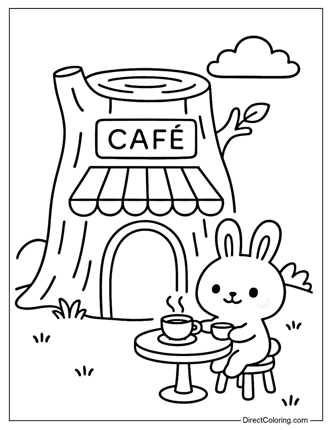 Tree Stump Cafe Coloring Page A small cafe coloring page in a tree stump, with a rabbit enjoying a cup of tea.
