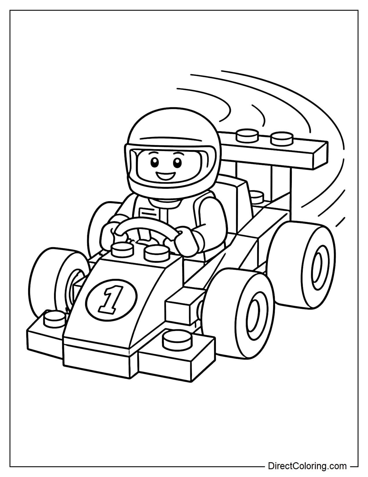 A LEGO racer is sitting in a large race car with prominent round wheels, and some curved movement lines behind it.