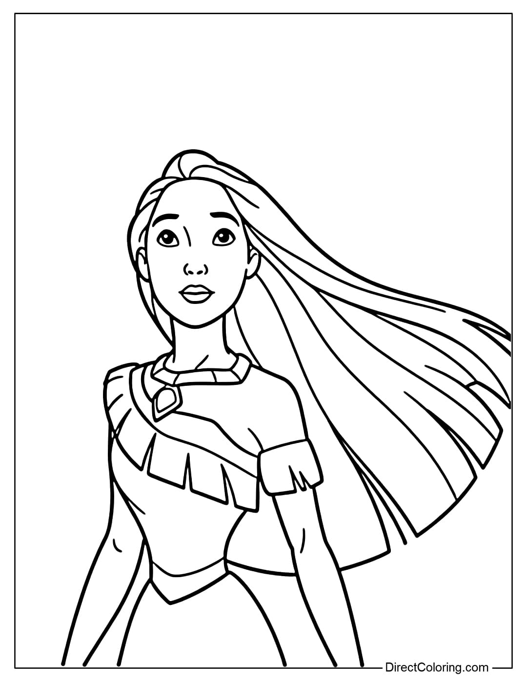 A coloring page of Princess Pocahontas with simple, gently flowing hair.
