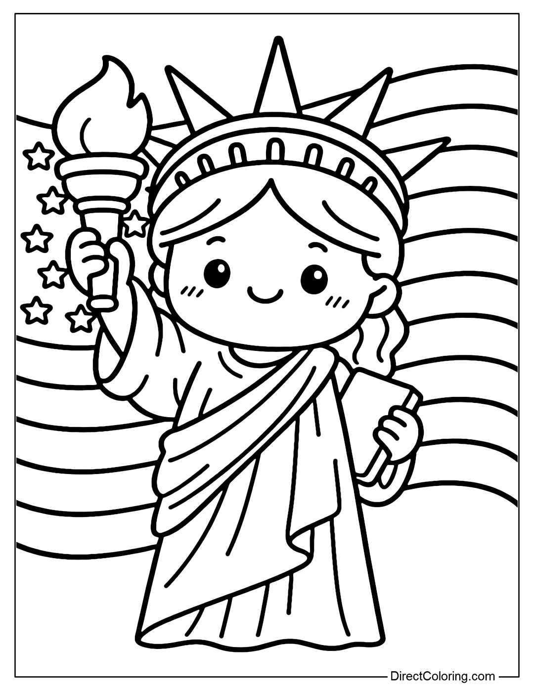 Coloring page of the Statue of Liberty holding a torch, behind is the American flag spread out, symbol of freedom and hope.
