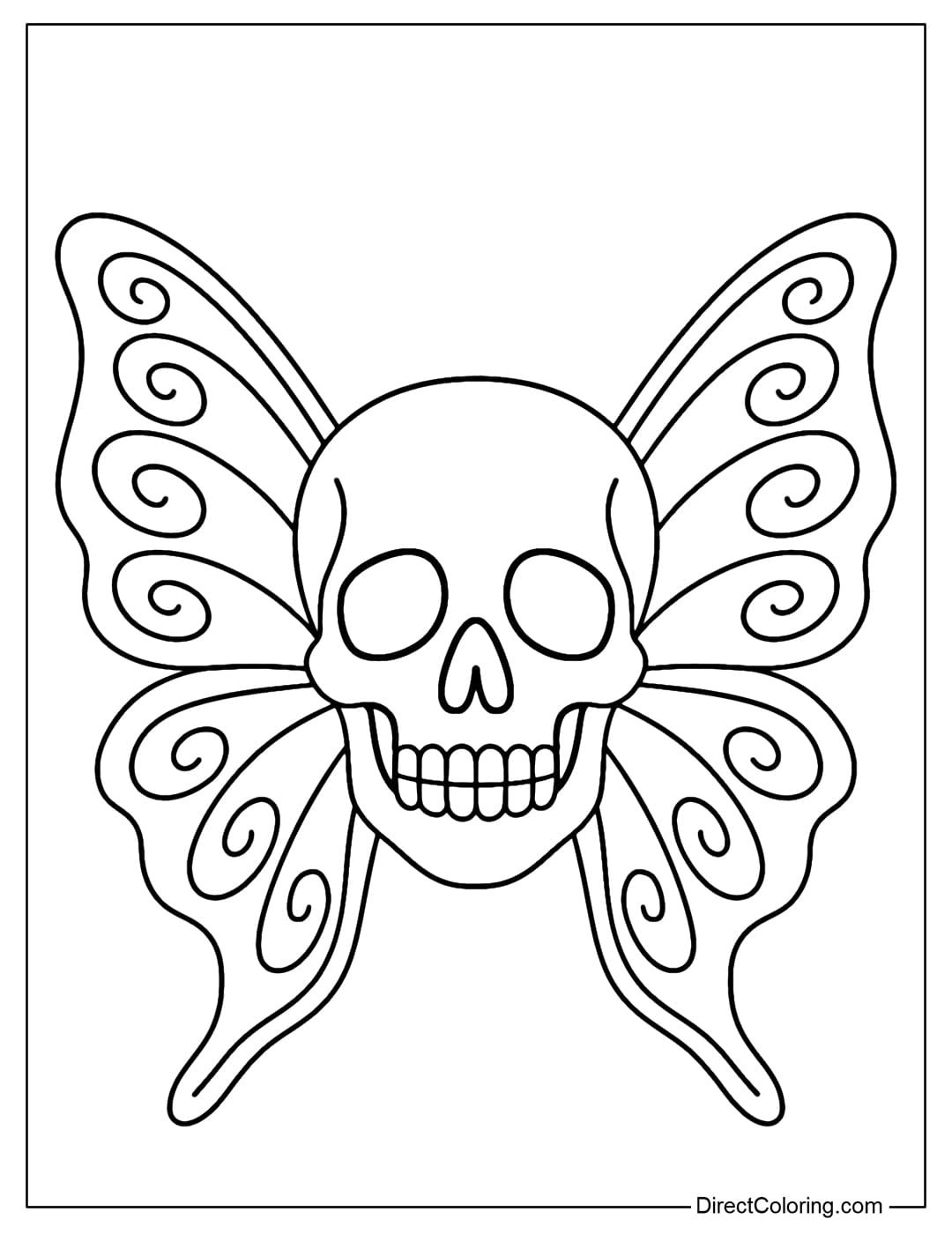A coloring page of a skull combined with large butterfly wings and soft patterns, meaning the soul flies away in beauty.