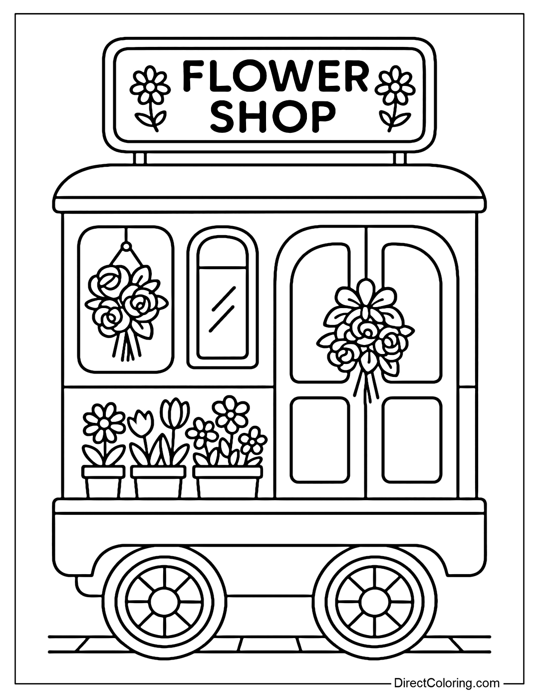 Coloring page of a flower shop on an old tram, a bouquet hanging in the window, a nostalgic sign
