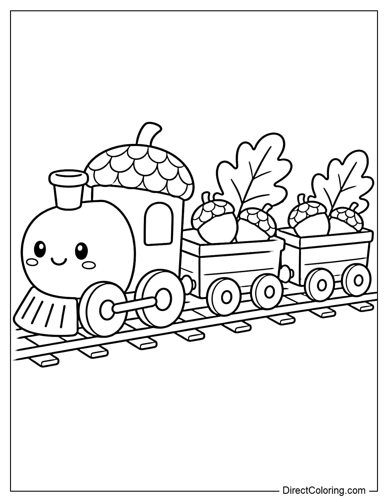 A small toy train with an engine shaped like a large acorn and two carriages behind it carrying acorns and large oak leaves.