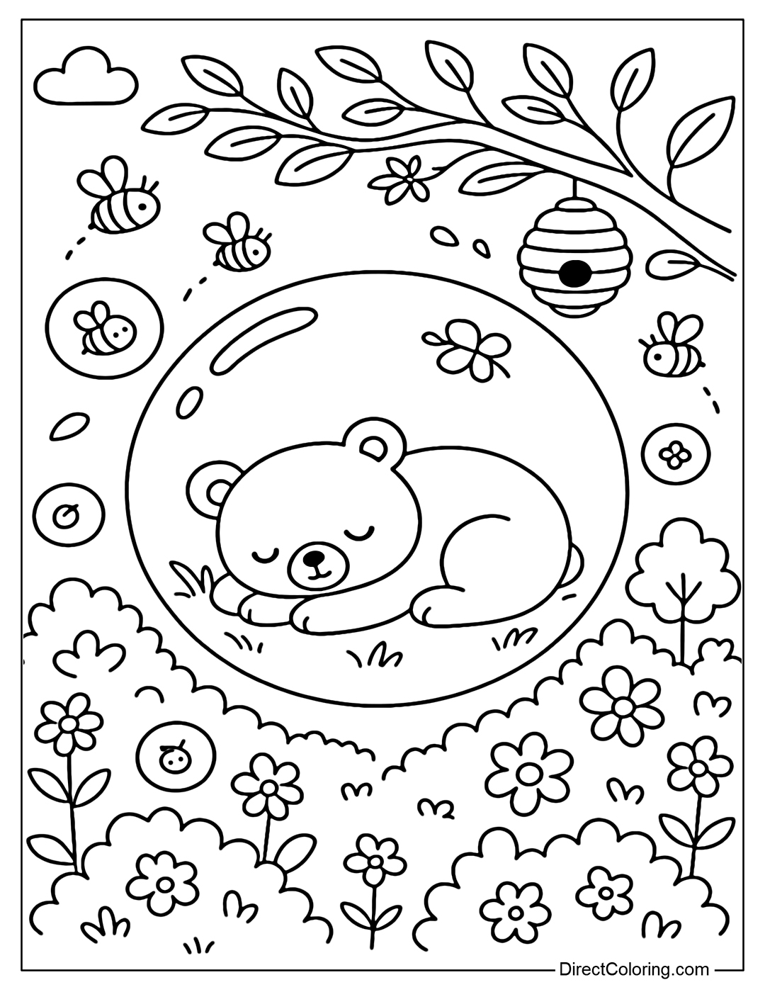 A large soap bubble coloring page containing a baby bear sleeping curled up on a soft grass carpet. Surrounding the bubble is a tree branch with a round beehive hanging, surrounded by swarms of bees flying around.