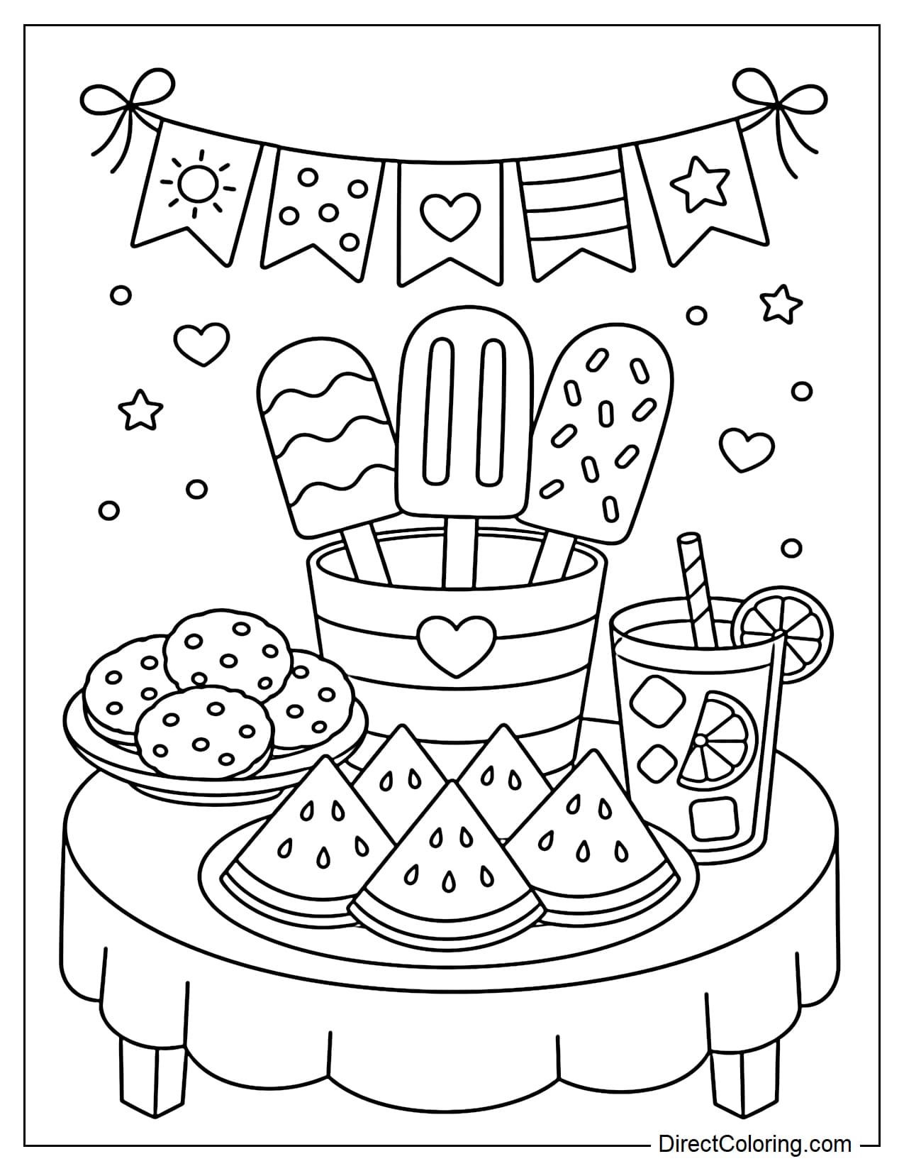 A summer party table with large popsicles, cookies, watermelon slices, and lemonade glasses neatly arranged, topped with decorative flags.