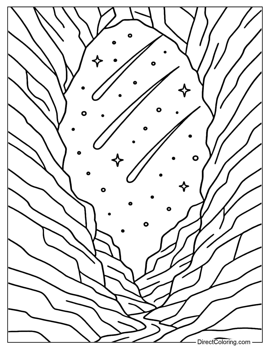 Coloring page looking up from the ravine, the big cliff near the eye, the small gap above is bright with falling meteors.
