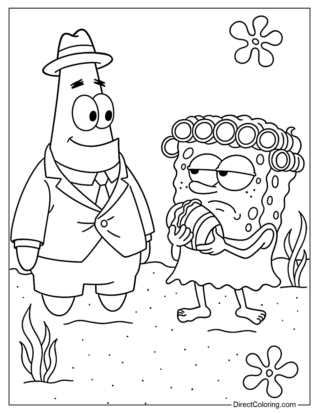Coloring Page of Patrick Star, dressed in a suit and hat, smiles warmly while SpongeBob, in curlers and a dress, holds a sandwich and looks unimpressed in an underwater setting.