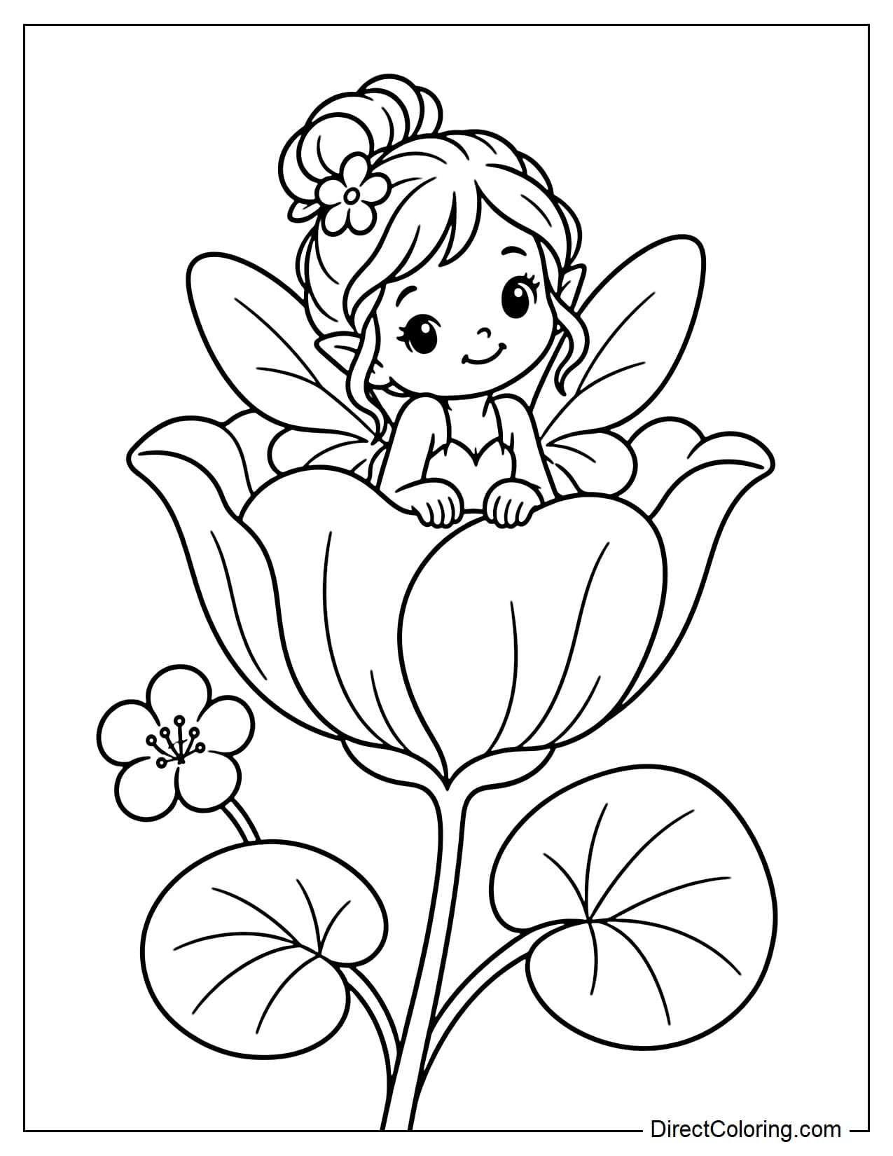 A small fairy is sitting inside a blooming teacup-shaped flower, with both hands resting on the edges of the petals. A few round leaves and a small flower appear below.