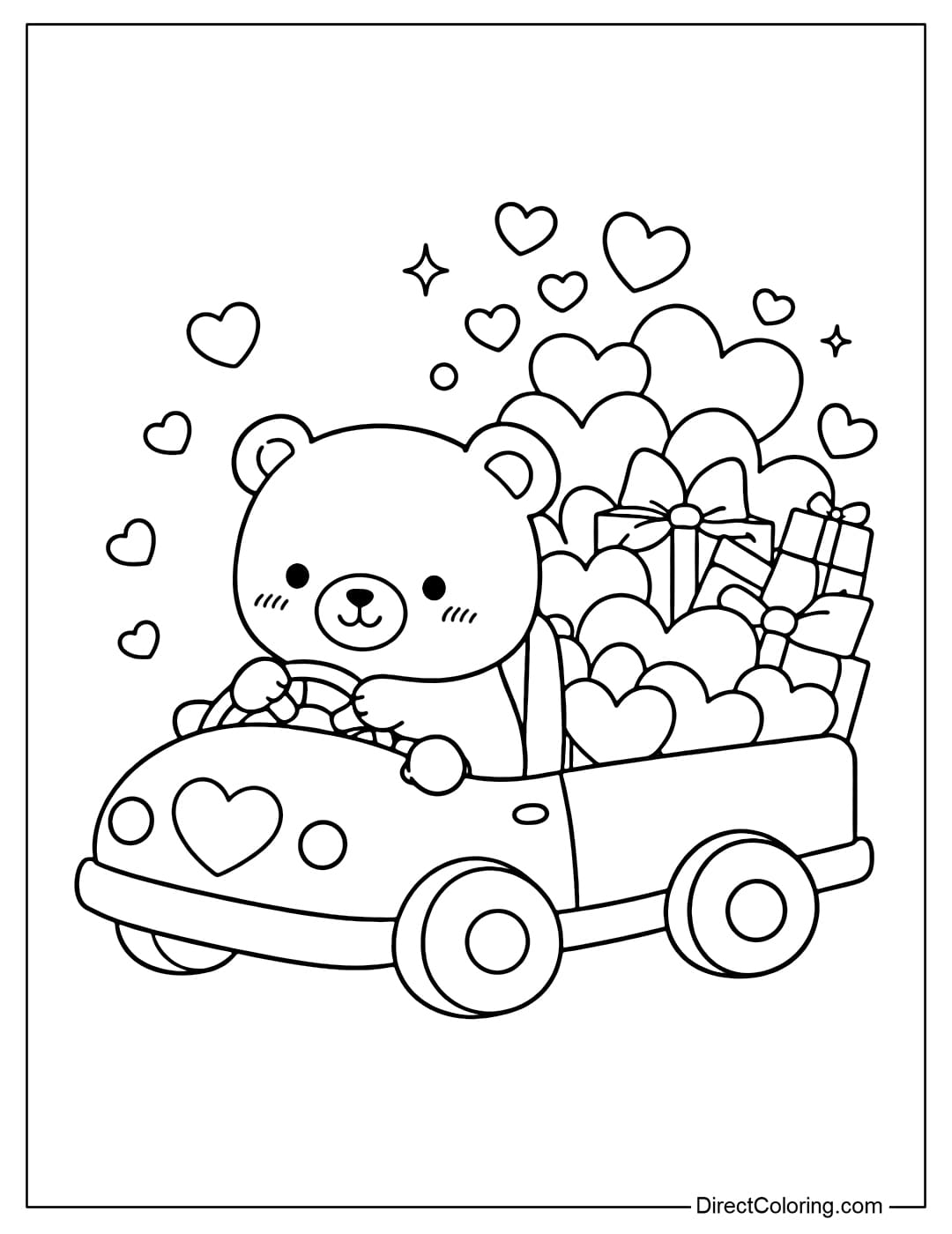 A coloring page of a little bear driving a toy car filled with hearts and Valentine's gifts.