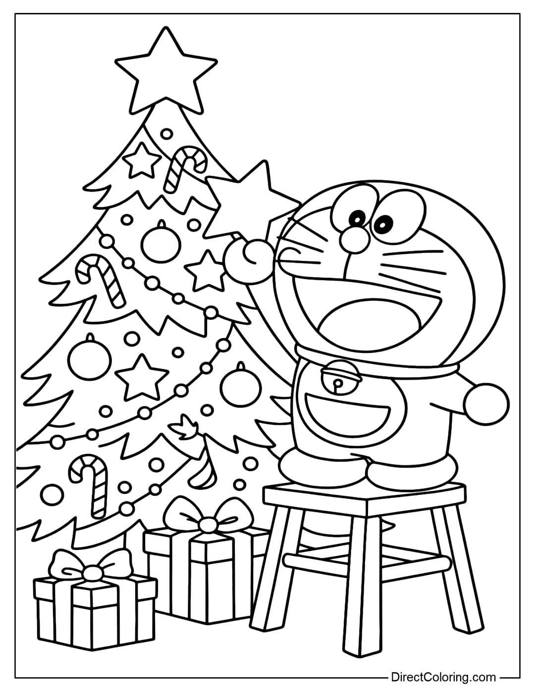 Doraemon coloring page standing on a small chair, holding a large star to decorate a tall Christmas tree.