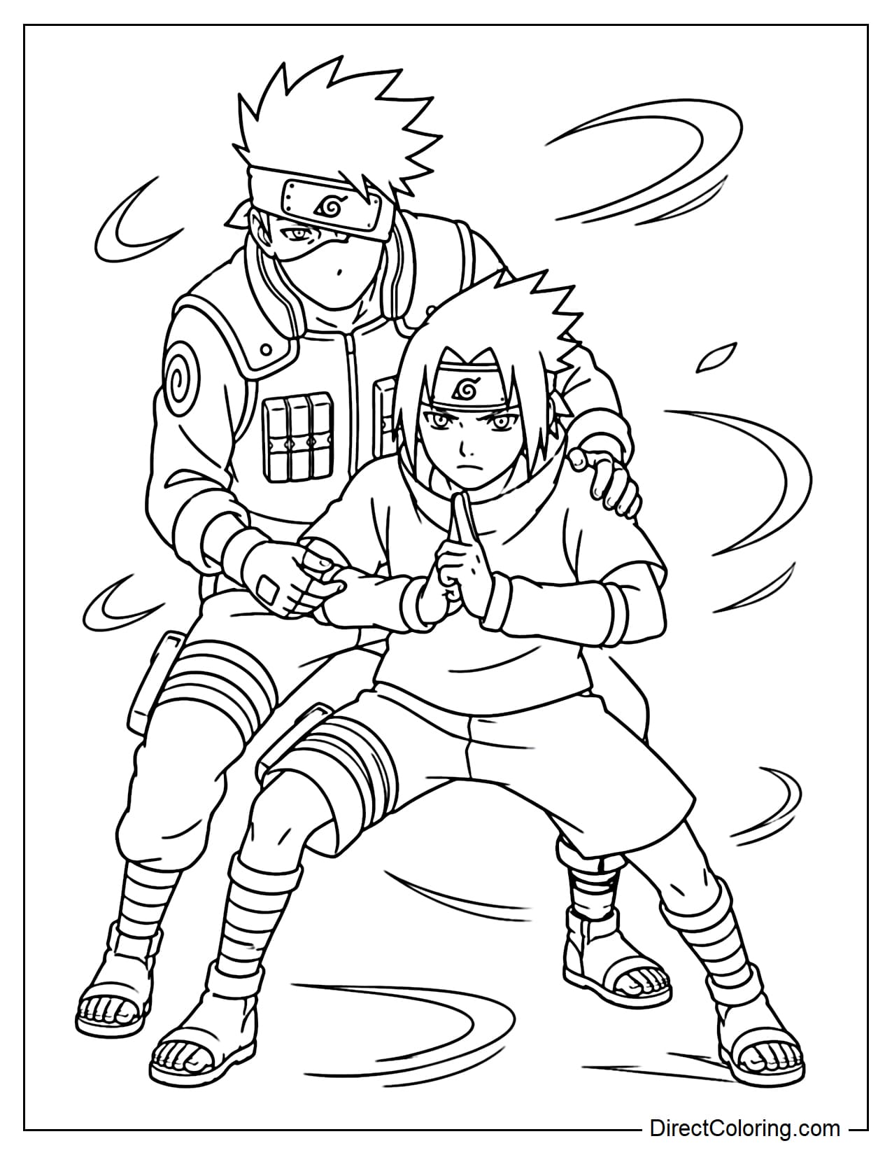 Kakashi Hatake instructs Sasuke in a training pose, both striking clear stances, with wind blowing around them.