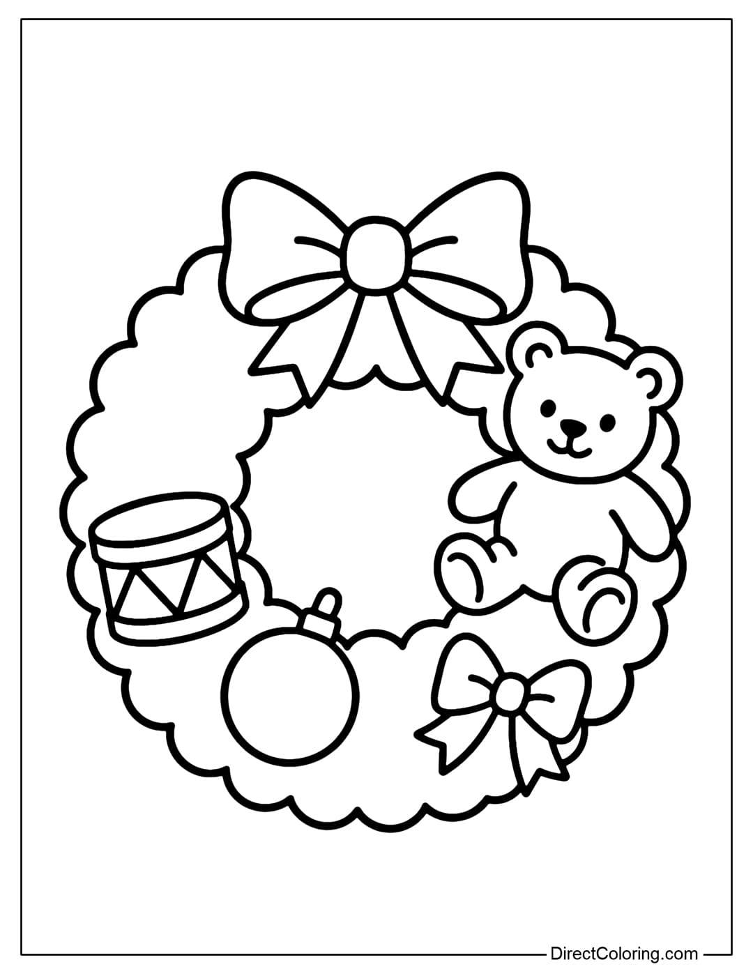 Toy Ornament Christmas Wreath Coloring Page A page of a wreath decorated with Christmas toys.