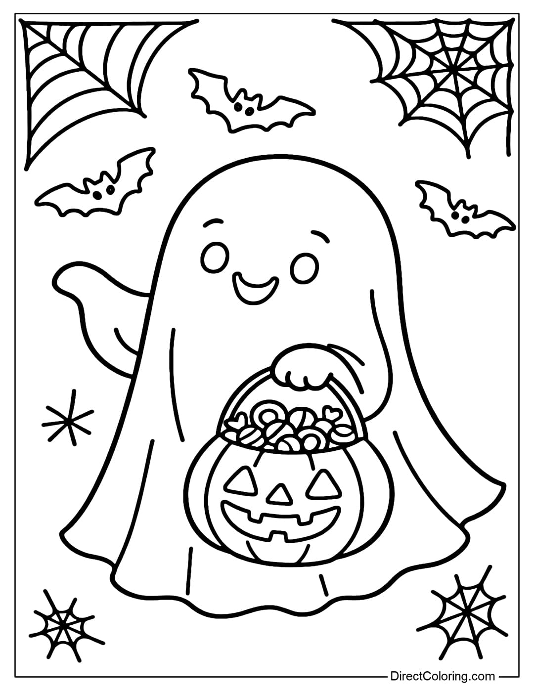 A Halloween trick-or-treating ghost coloring page, carrying a basket full of candy, surrounded by bats and spider webs but still exudes cuteness.