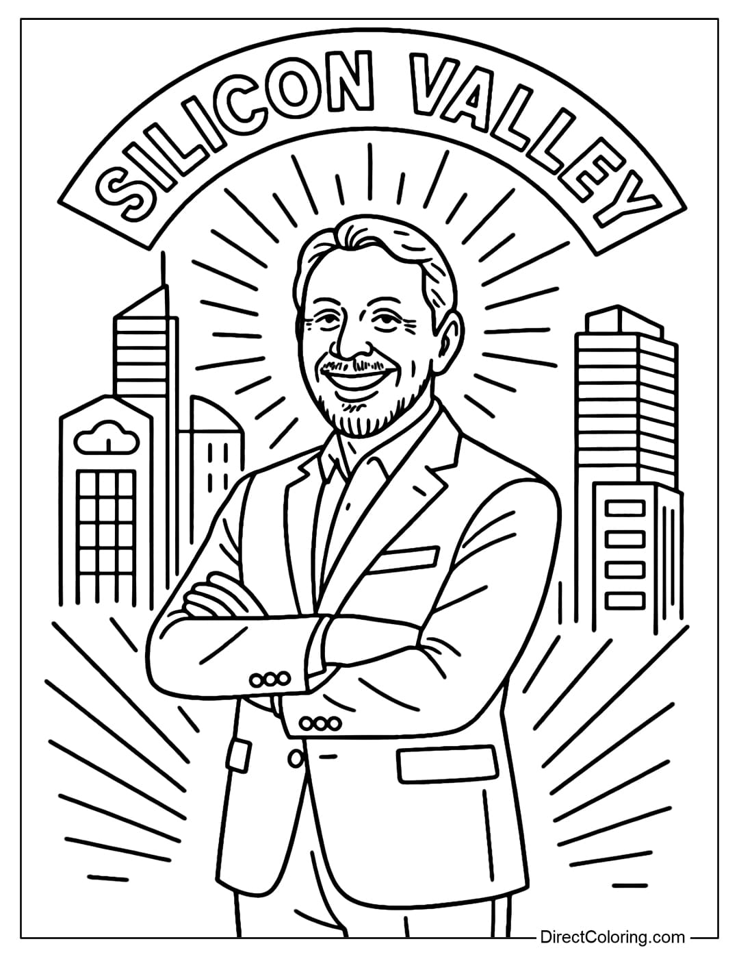 Larry Ellison Outside Silicon Valley Circle Coloring Page Larry Ellison coloring page standing with his arms crossed, a distinctive smile on his face. Surrounded by a