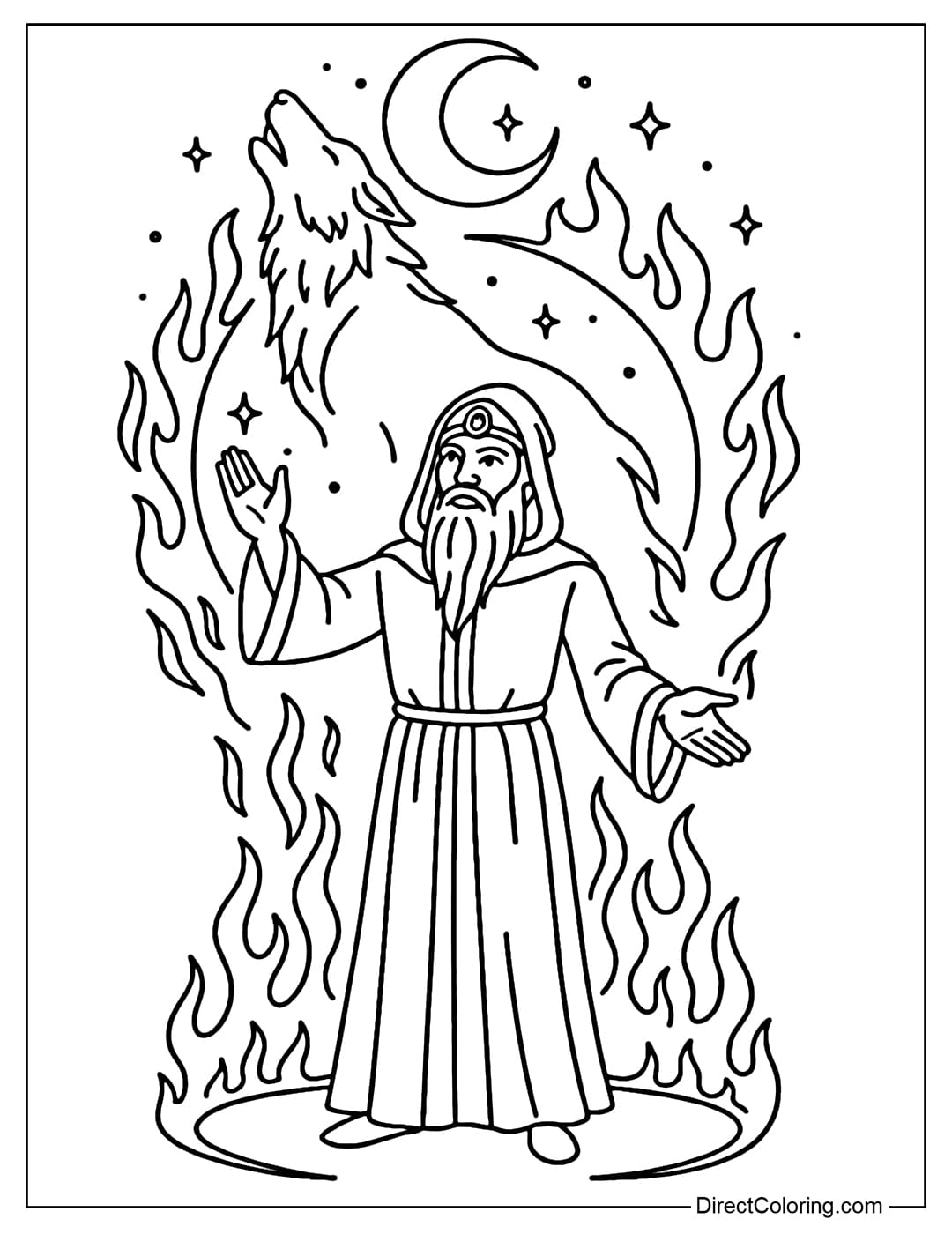 Coloring page of a Pagan shaman summoning a spirit animal, surrounded by moonlight and a ring of fire.
