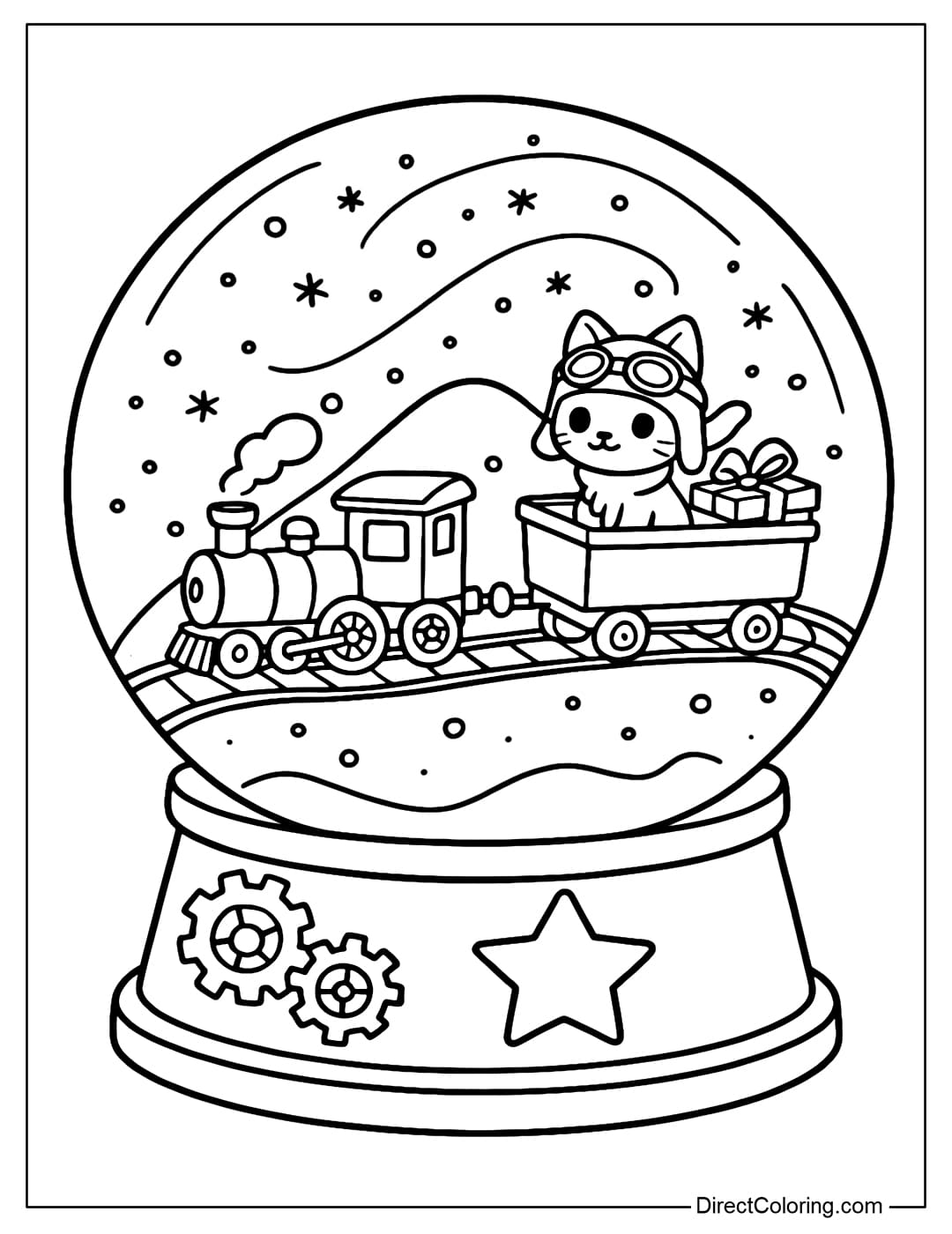 A coloring page of a snow globe with a toy train running around a snowy hill, a train car carrying gifts, and a kitten wearing a pilot's hat.