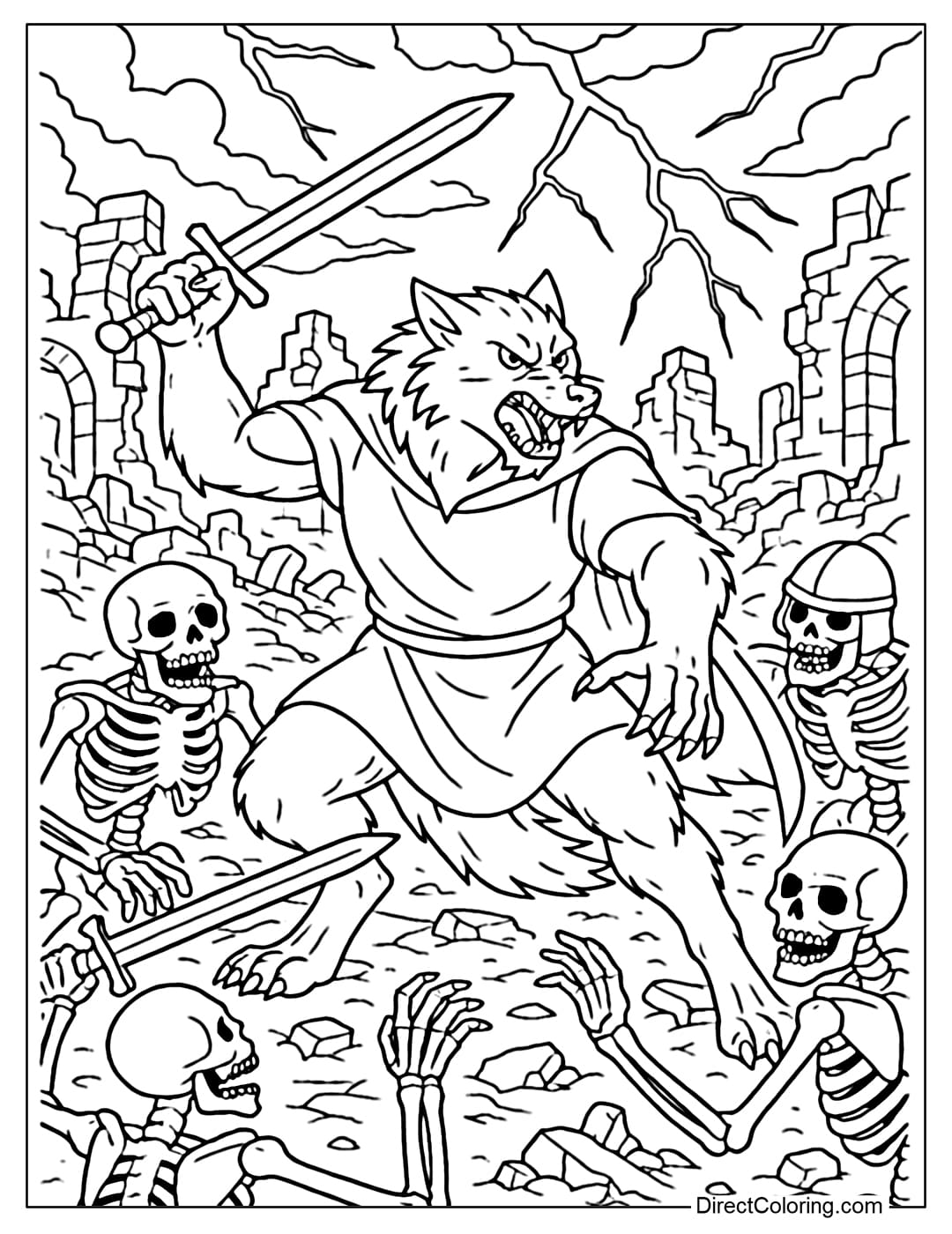 Werewolf fighting the undead army coloring page, surrounded by ruins, lightning flashing in the sky.
