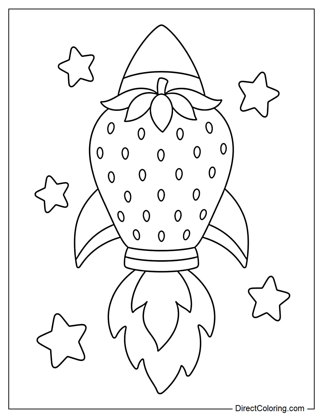 A rocket with its main body shaped like a large strawberry, complete with simple seed dots on the surface, flying among a few stars.