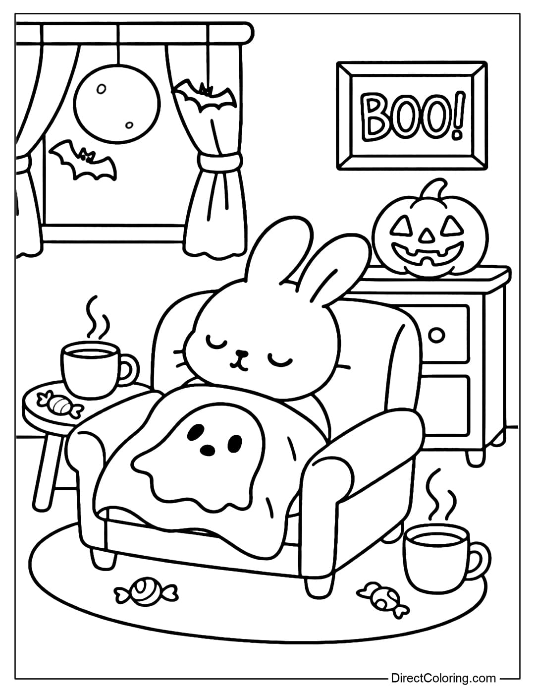 A coloring page of a little bunny dozing on the sofa in a cozy Halloween room.