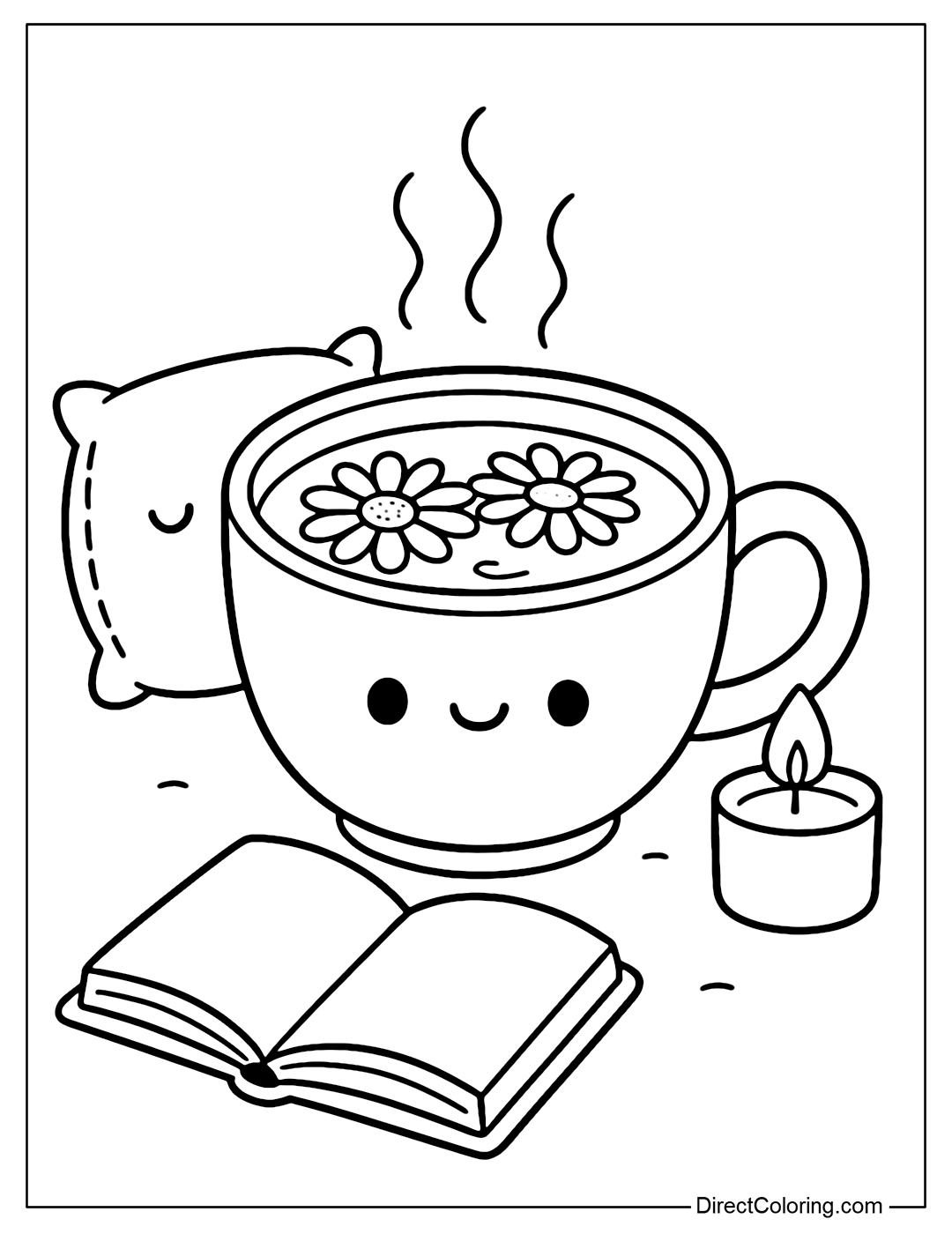 A chubby chamomile tea cup coloring page with flowers floating on the surface, light steam rising, surrounded by small pillows, books and warm candlelight.