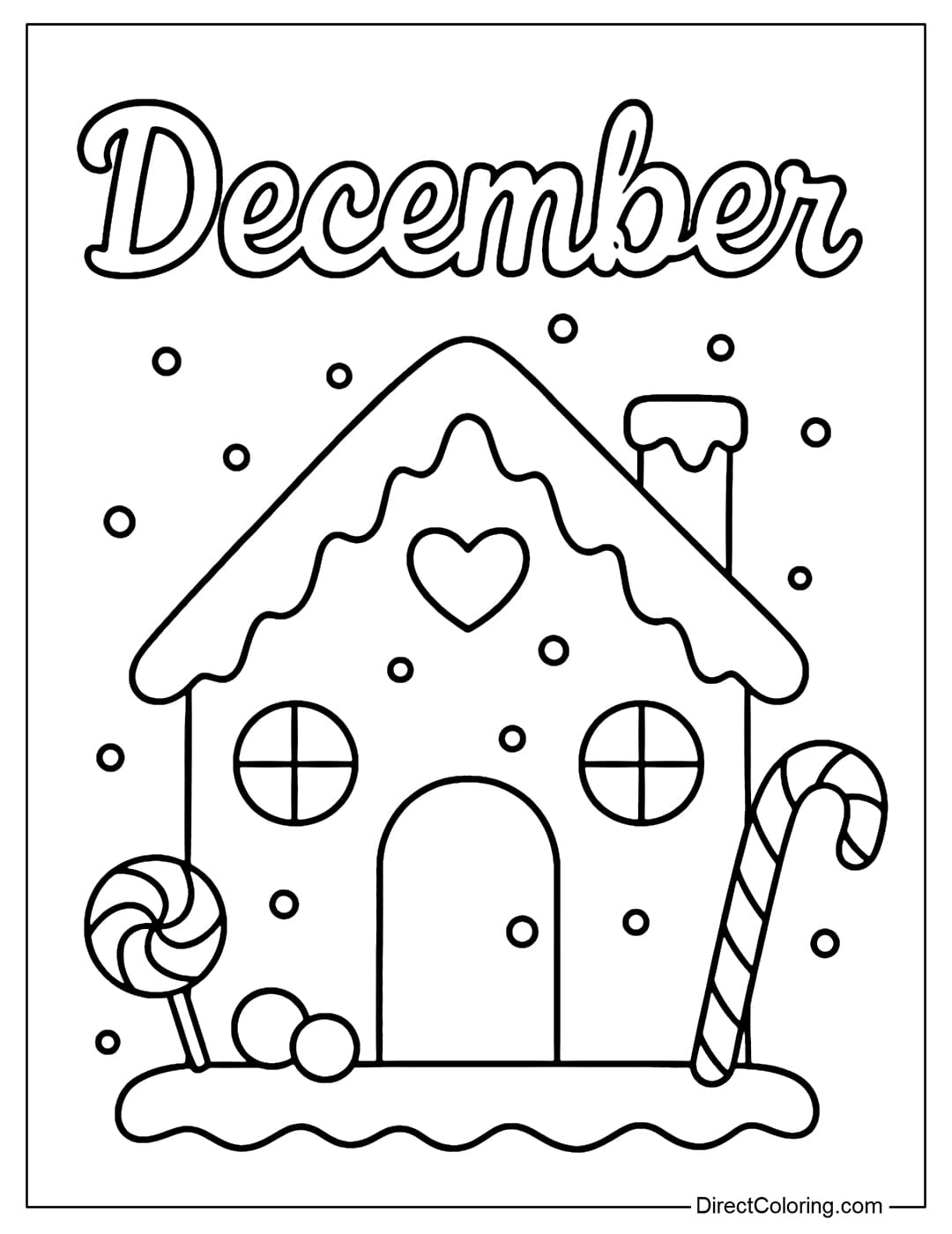 A gingerbread house coloring page with candy canes, a red and white stick, and the word December.