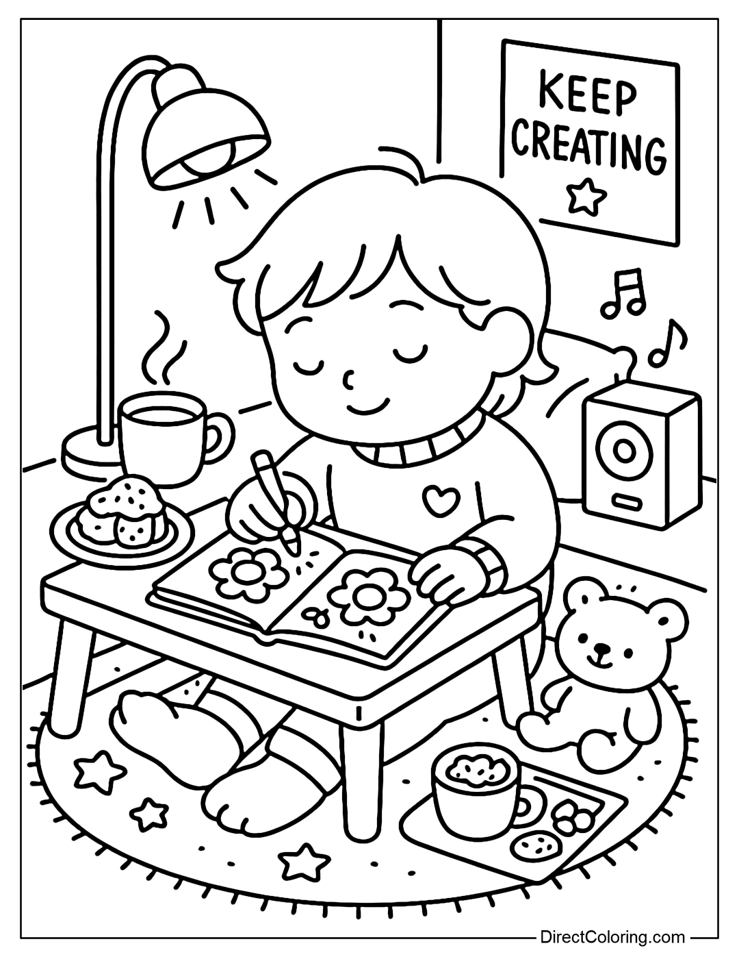 Coloring page of a little boy sitting and coloring under the yellow light, surrounded by tea, cakes and soft music.