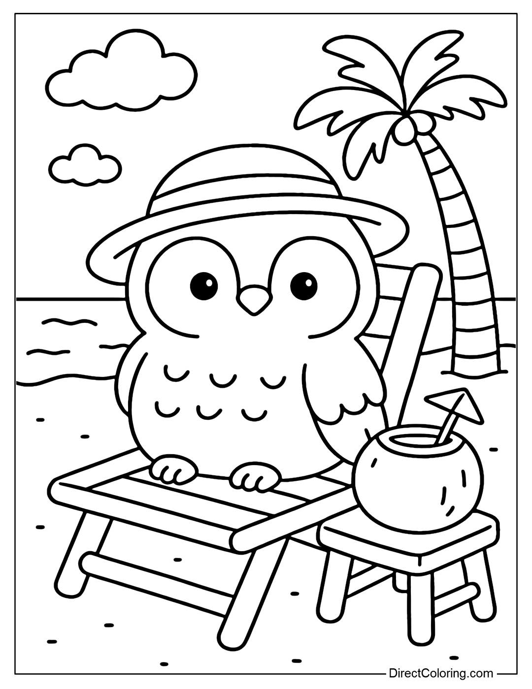 Coloring page of an owl wearing a straw hat, perched on a wooden beach chair, next to a glass of coconut water, in the distance is the blue sea and palm trees.