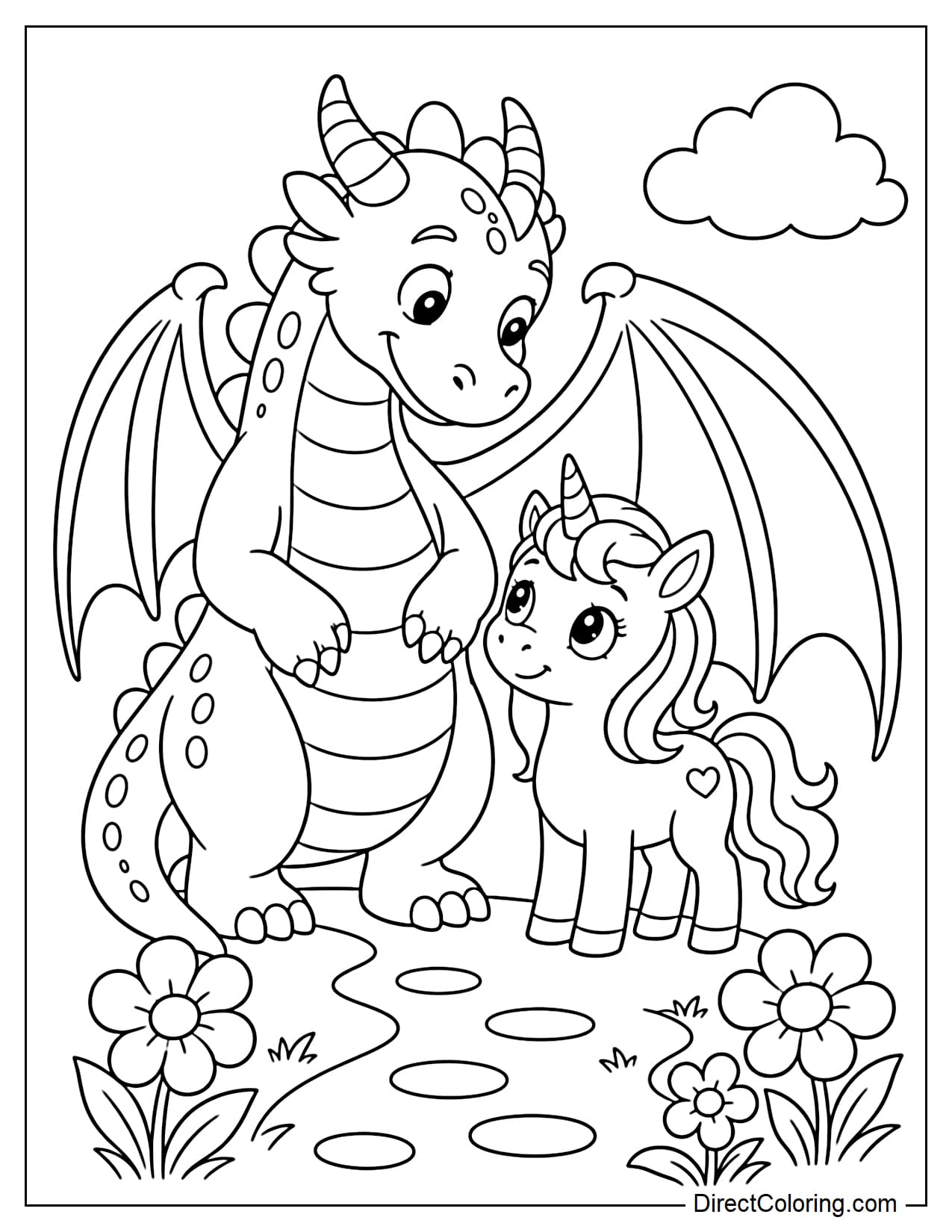 A large dragon is standing with one wing stretched out protectively over a baby unicorn on a small path with a few flowers.