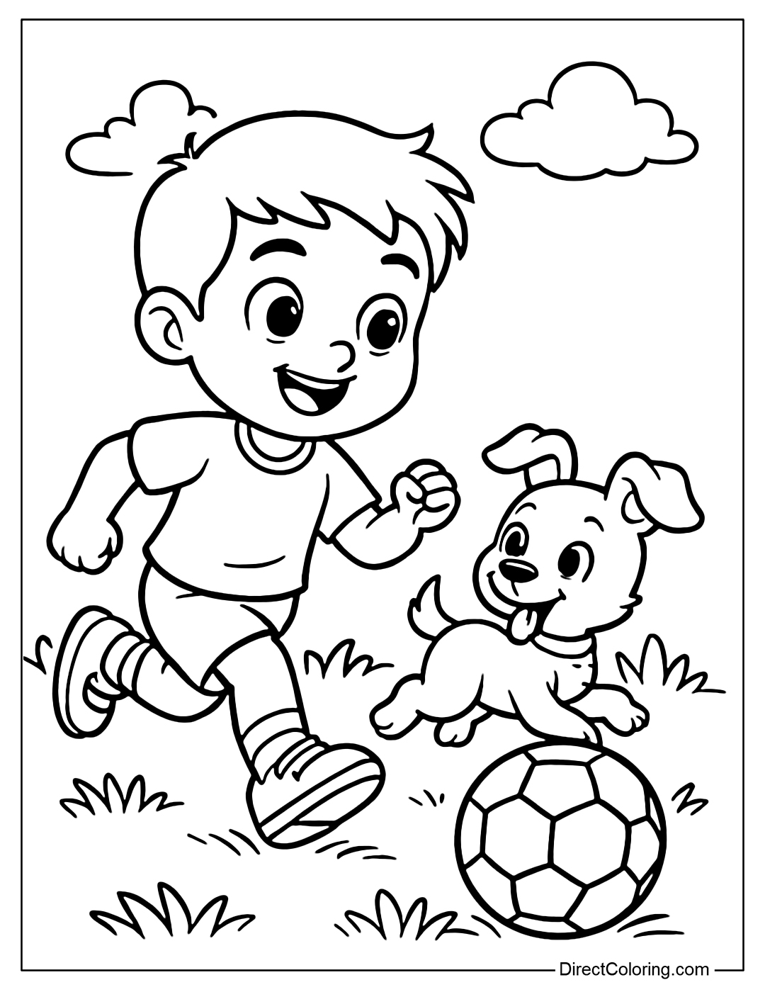 Coloring page of a baby and a puppy running after a ball on the grass field.